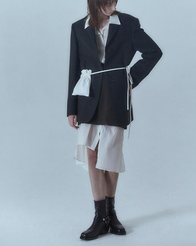 【MORE THAN YESTERDAY】Unbalanced Sheer Long Shirt with Mini Pocket Bag