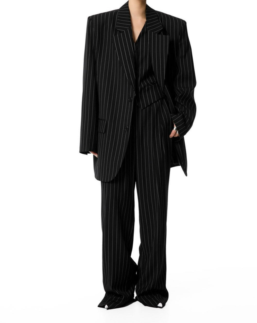 [PAPERMOON] SS / Wide Pin Stripe Set up Suit Pleated Trousers