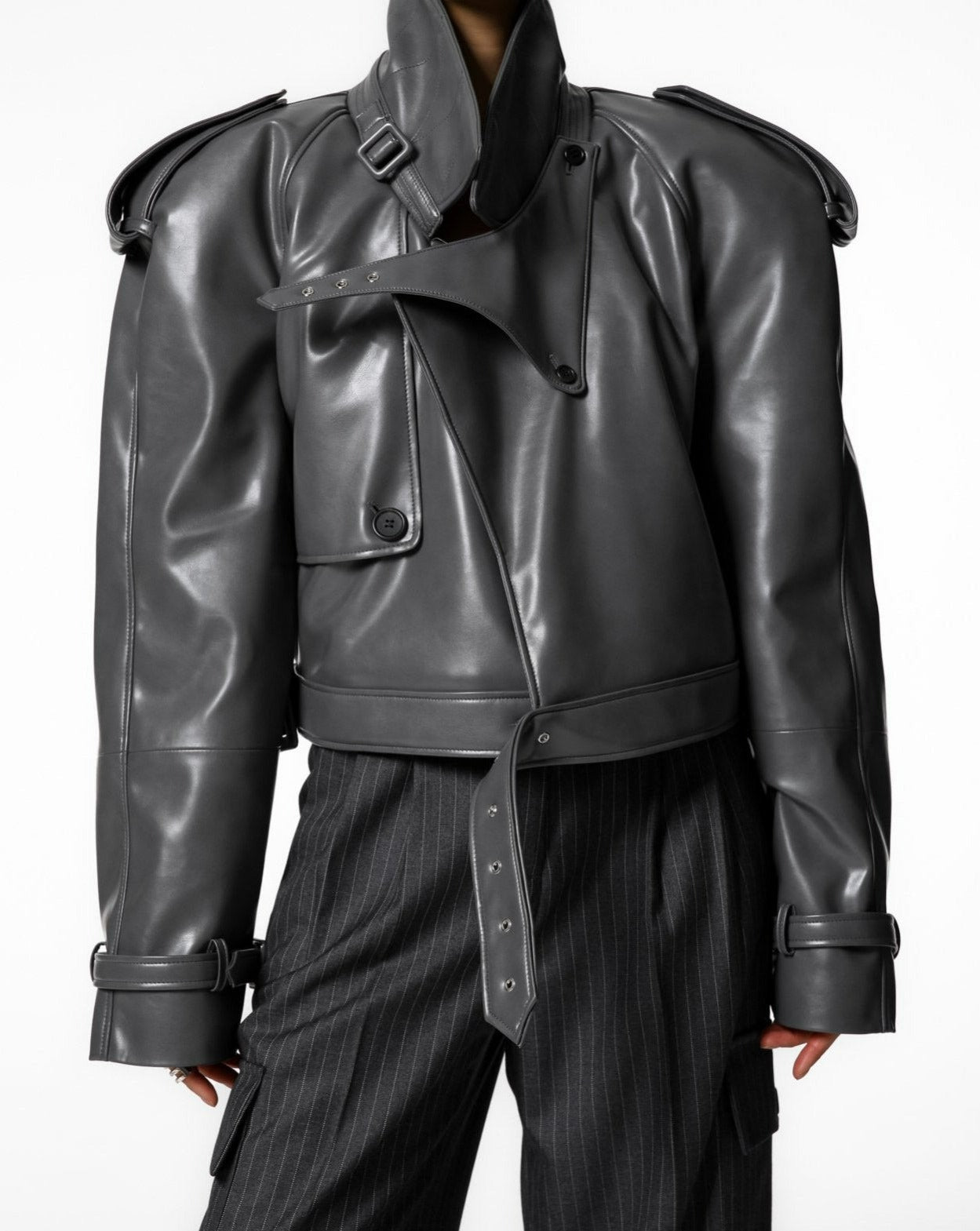 【即納】【PAPERMOON ペーパームーン】AW / Belted Buckle Detail Chunky Cropped Leather Trench Jacket