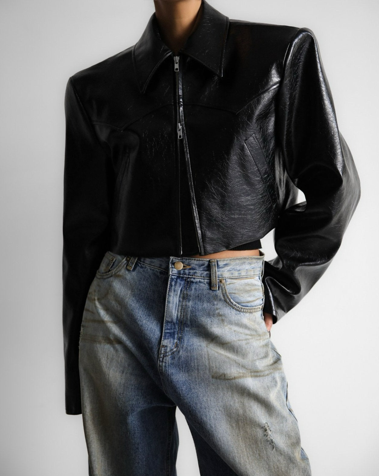 【PAPERMOON ペーパームーン】SS / Western Zipped Up Vegan Leather Cropped Jacket