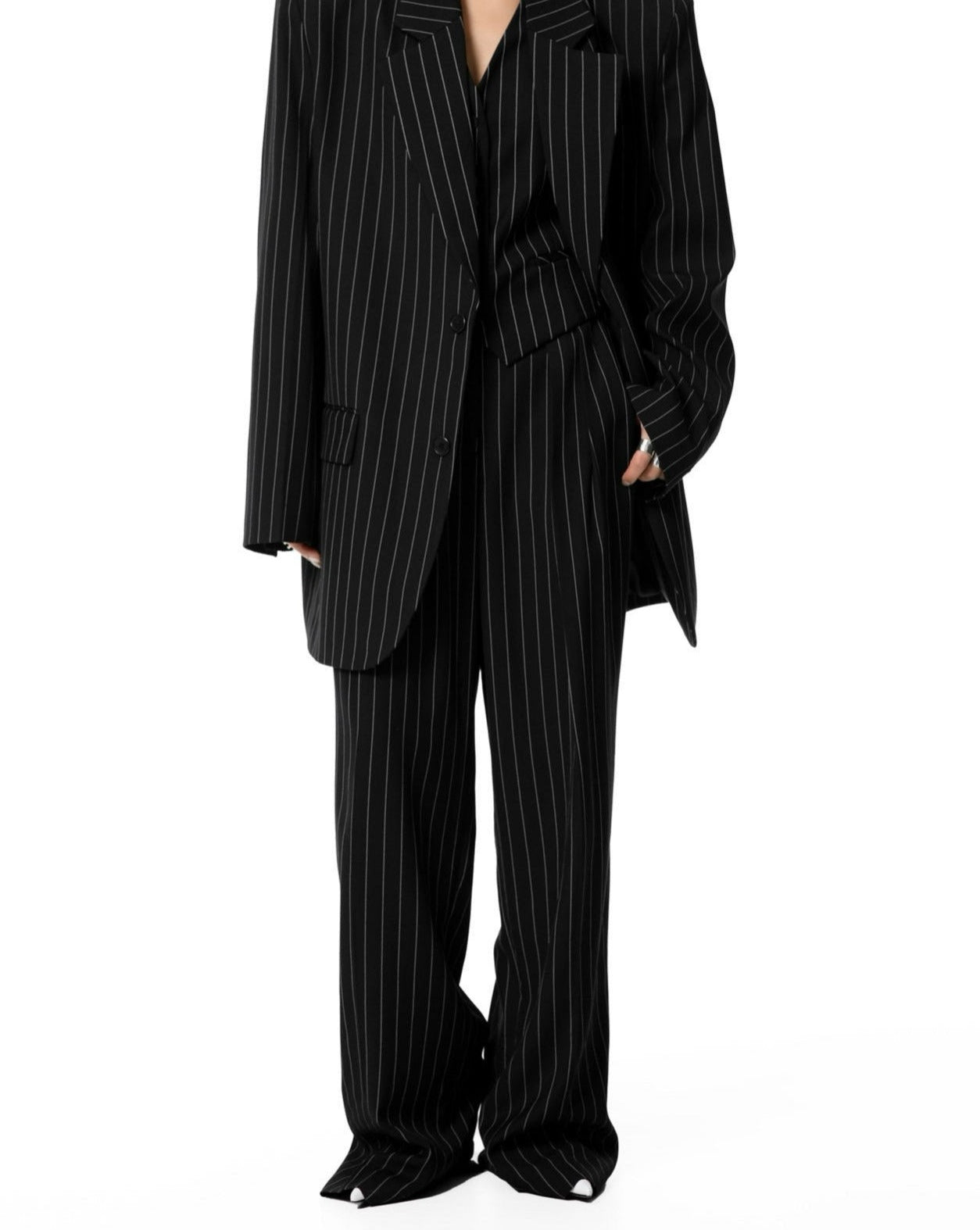 [PAPERMOON] SS / Wide Pin Stripe Set up Suit Pleated Trousers