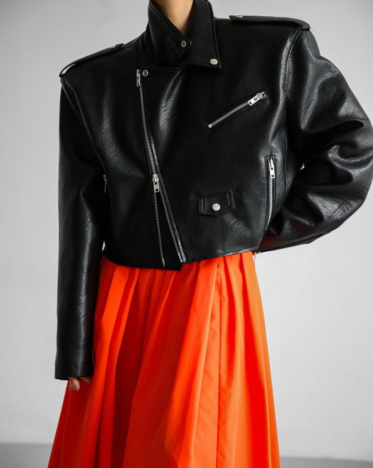 【PAPERMOON ペーパームーン】AW / Oversized Vegan Leather Cropped Chunky Biker Jacket