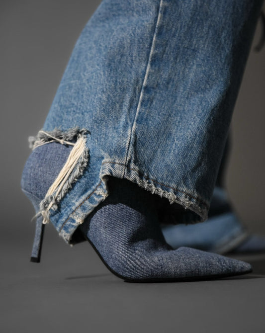 【PAPERMOON ペーパームーン】SS / Vintage Blue Distressed Damage Wash Wide-Leg Jeans