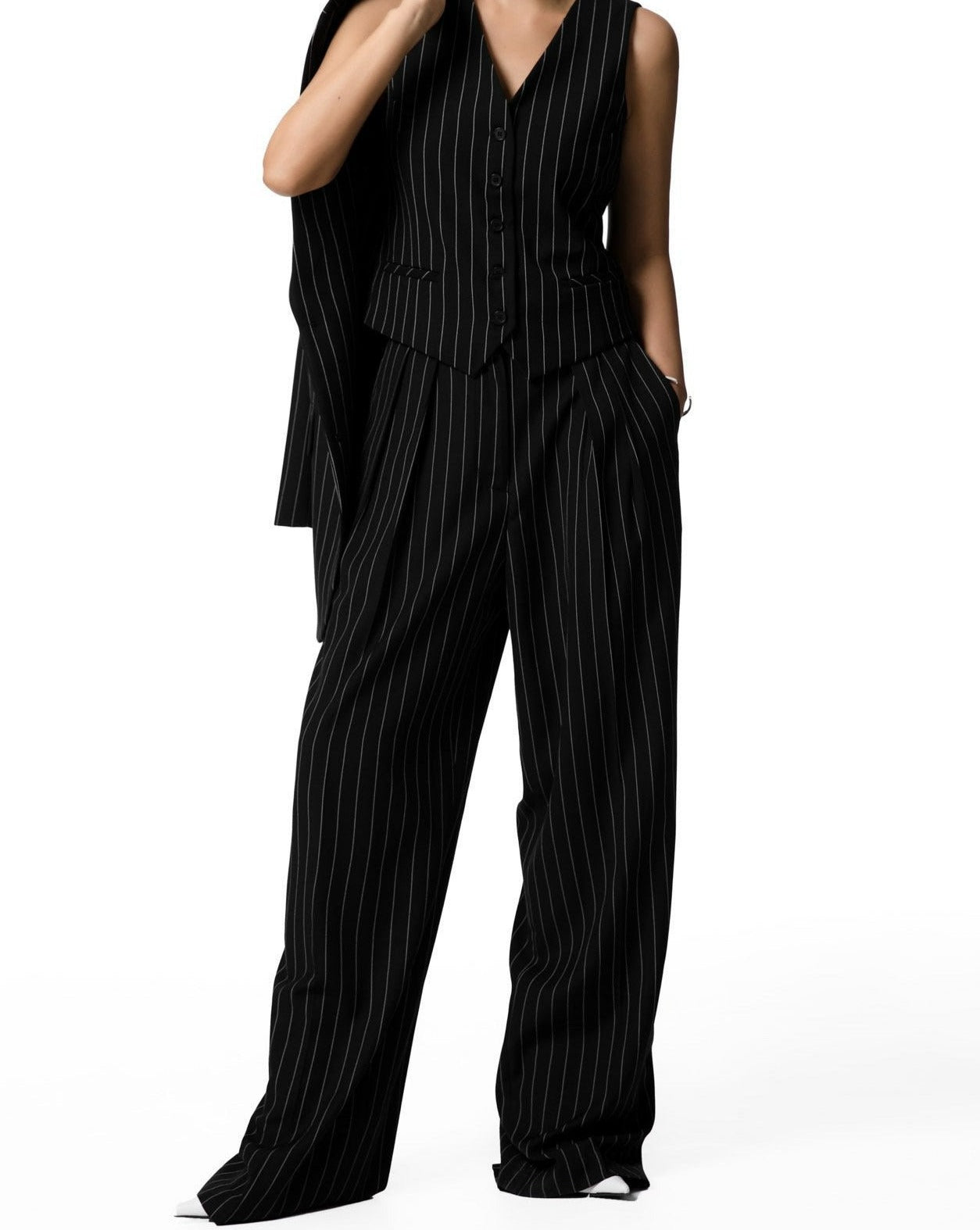 [PAPERMOON] SS / Wide Pin Stripe Set up Suit Pleated Trousers