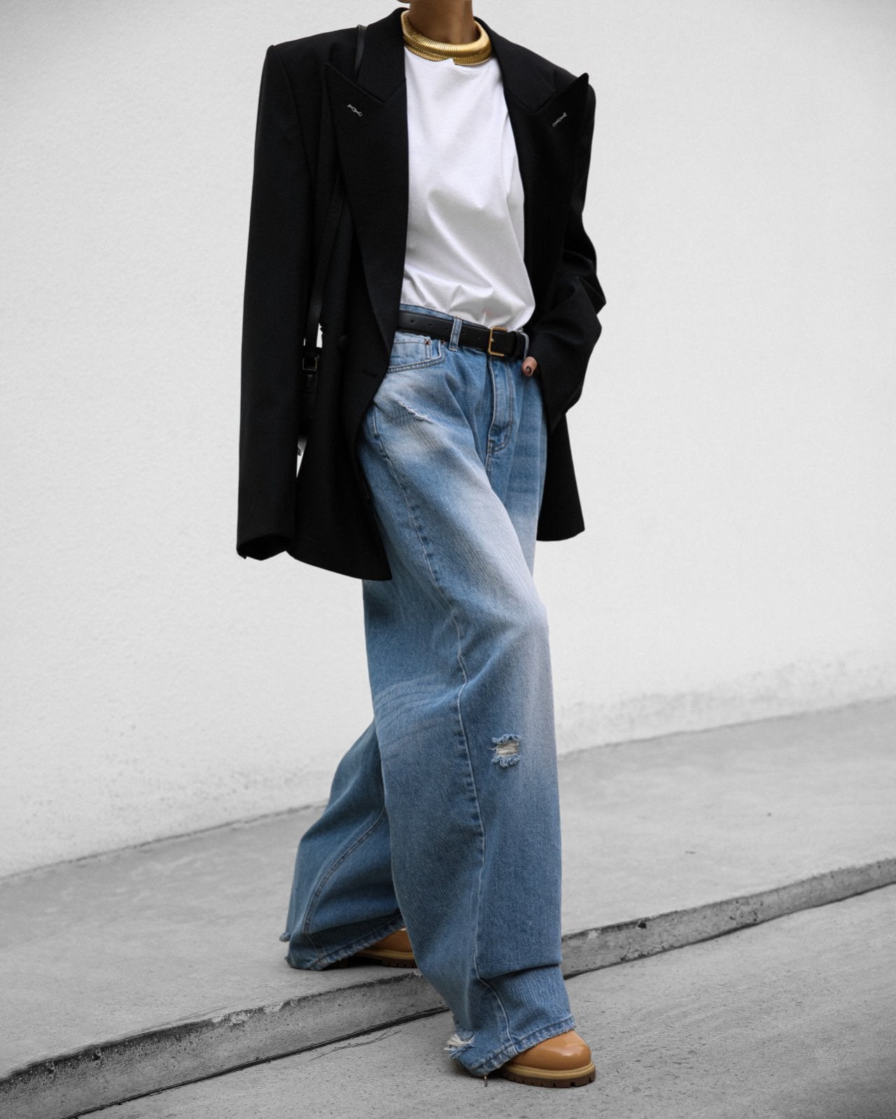 [PAPERMOON] SS / Vintage Blue Distressed Damage Wash Wide-Leg Jeans