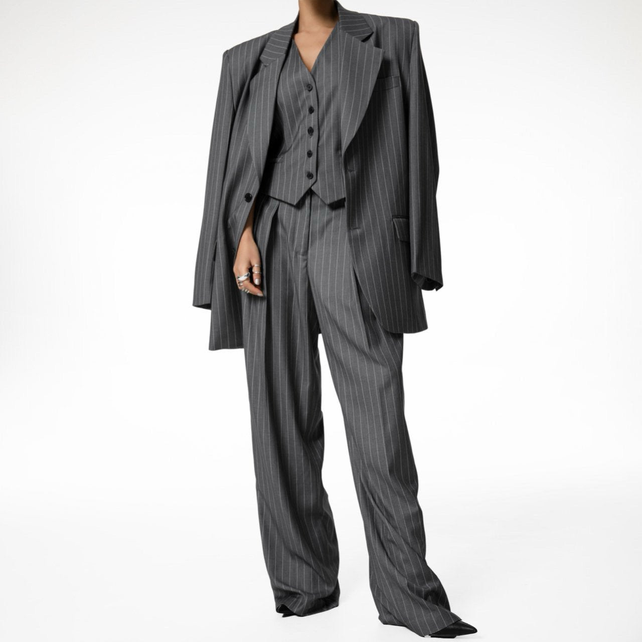 [PAPERMOON] SS / Wide Pin Stripe Set up Suit Pleated Trousers