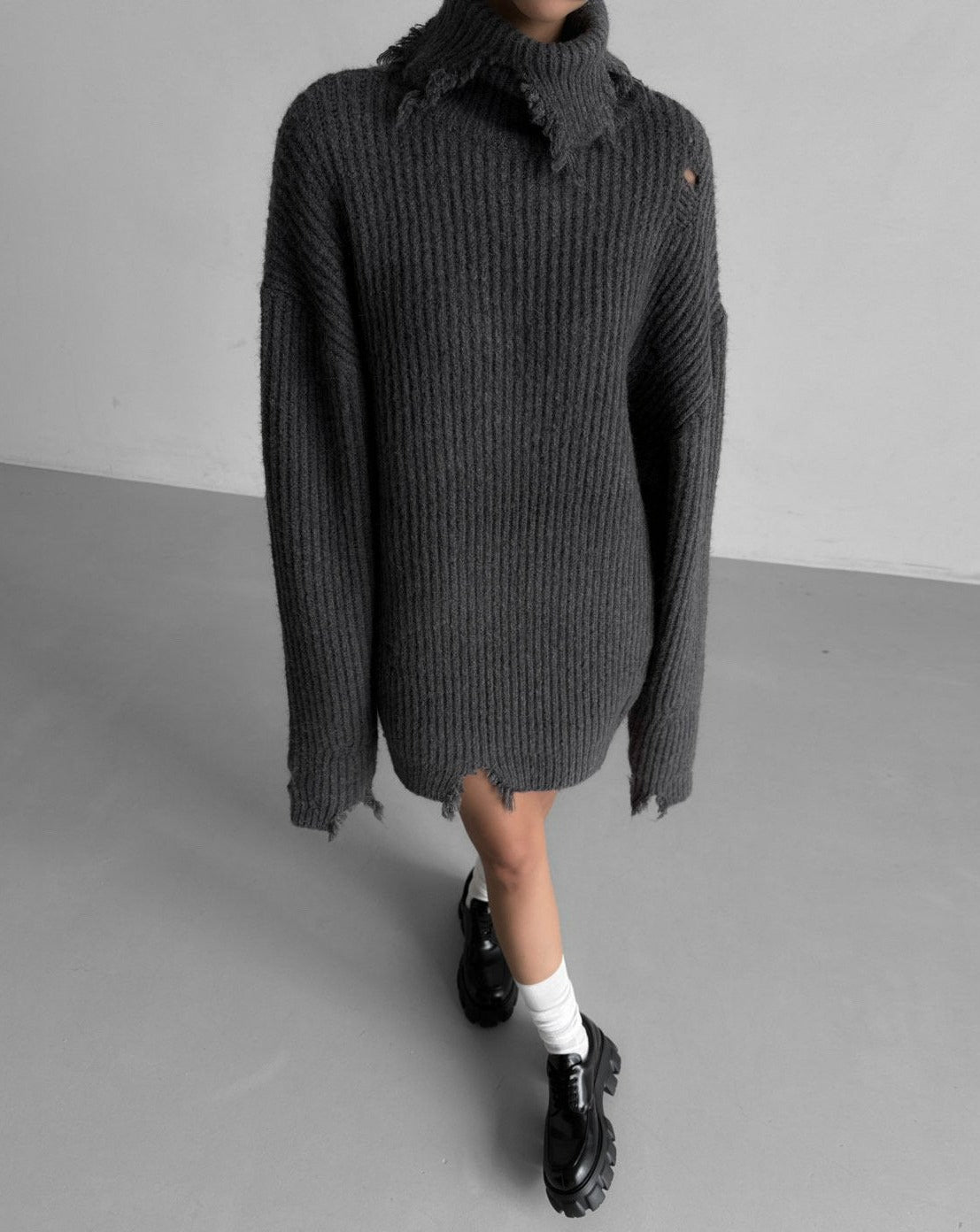 【即納】【PAPERMOON ペーパームーン】AW / Alpaca Blend Wool Chunky Oversized Distressed Turltleneck Knit