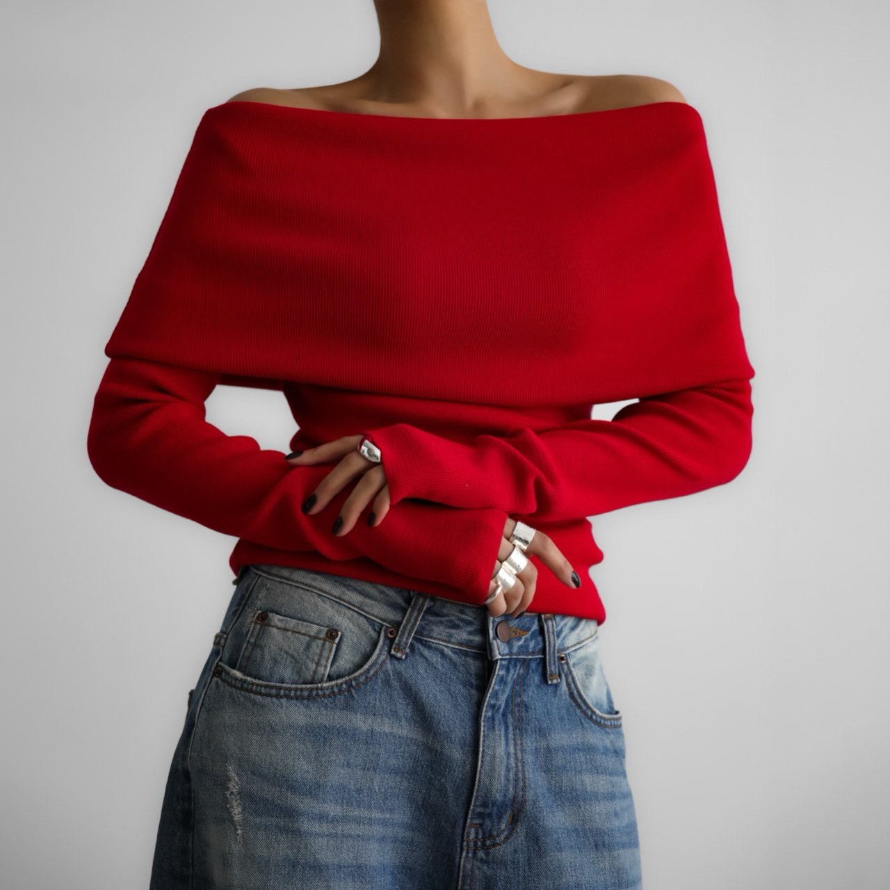 【PAPERMOON ペーパームーン】SS / Off Shoulder Long Sleeved Knit Top