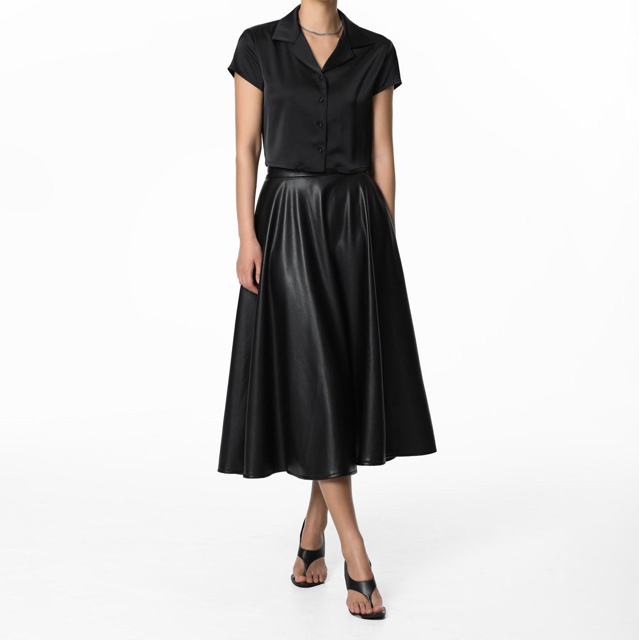 【PAPERMOON ペーパームーン】SS / Vegan Leather A - Line Flared Midi Skirt