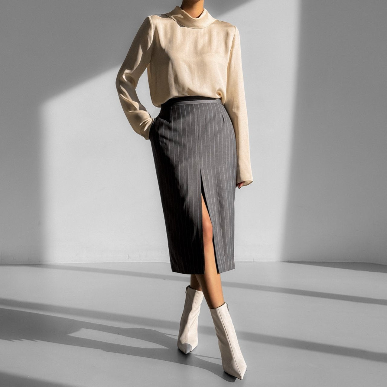 【PAPERMOON ペーパームーン】SS / Wide Pin Stripe Set Up Suit Pencil Midi Skirt