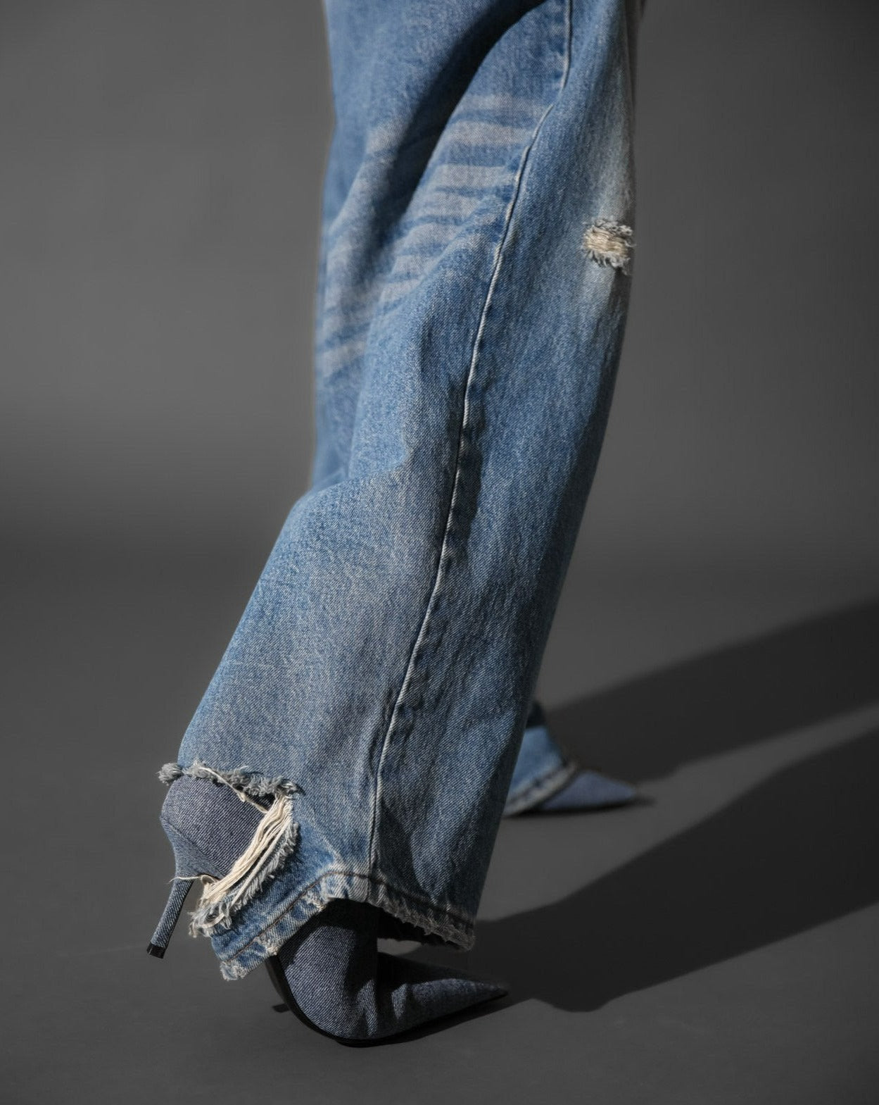 [PAPERMOON] SS / Vintage Blue Distressed Damage Wash Wide-Leg Jeans