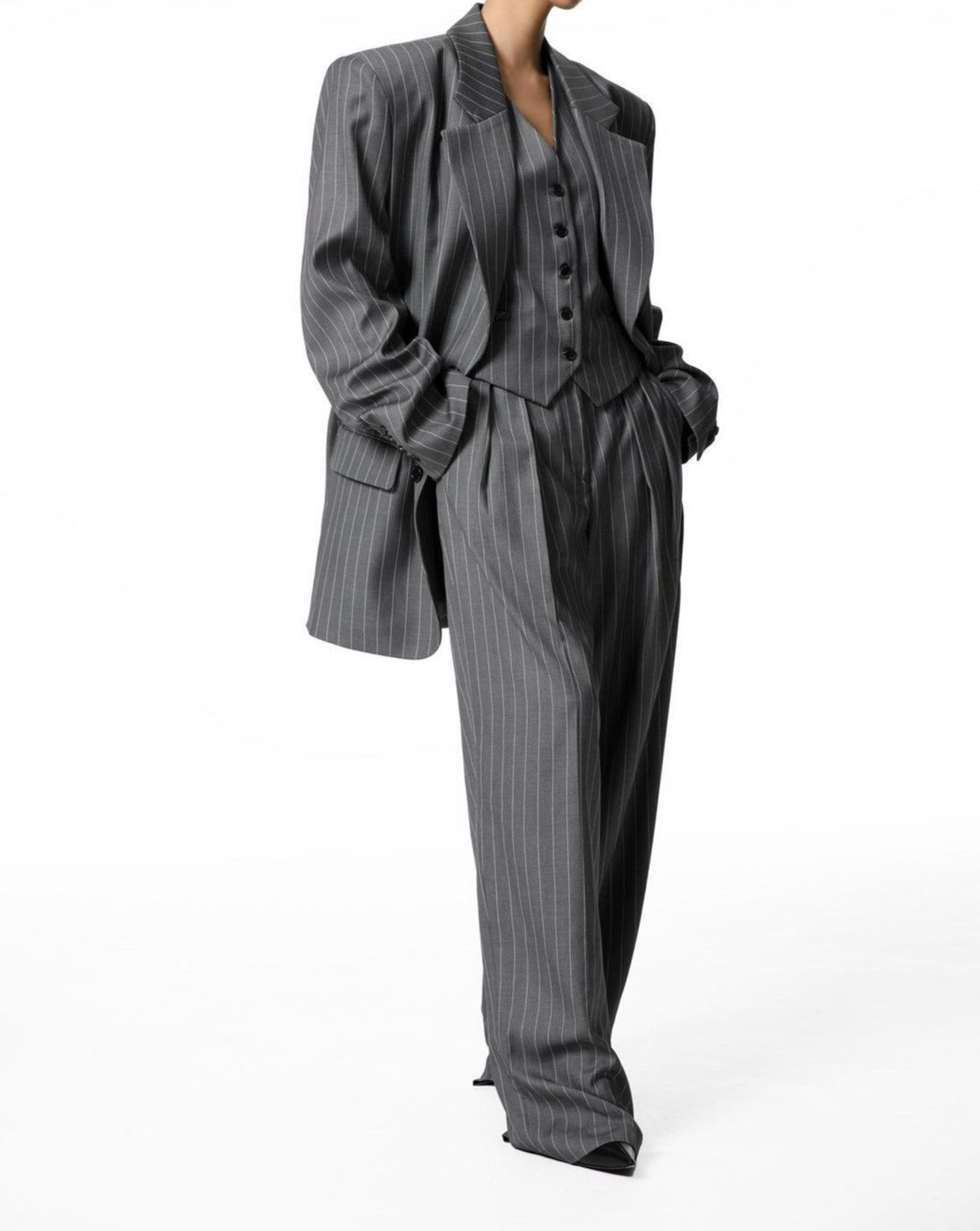 [PAPERMOON] SS / Wide Pin Stripe Set up Suit Pleated Trousers