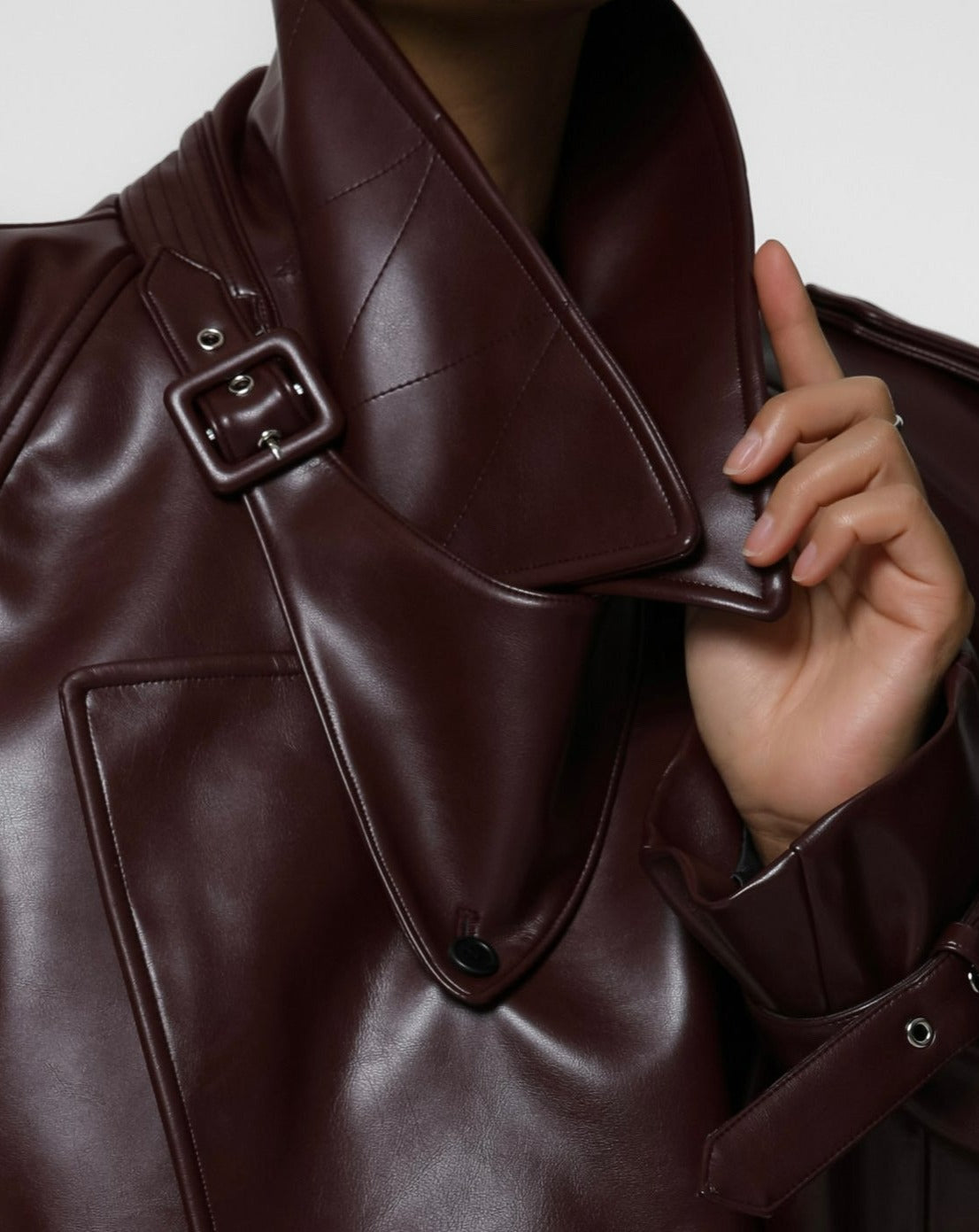 【即納】【PAPERMOON ペーパームーン】AW / Belted Buckle Detail Chunky Cropped Leather Trench Jacket