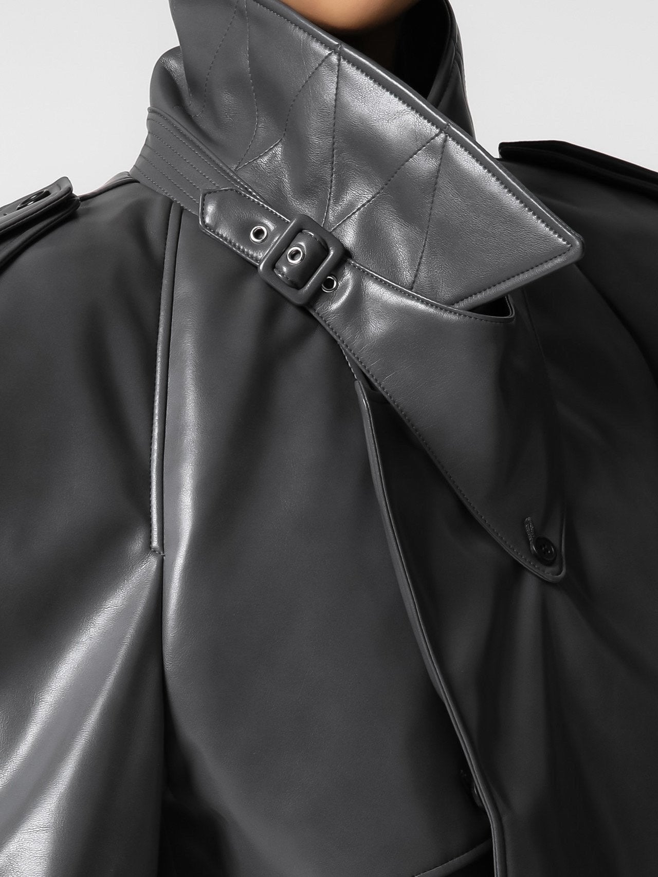 【PAPERMOON ペーパームーン】AW / Belted Buckle Detail Chunky Cropped Leather Trench Jacket