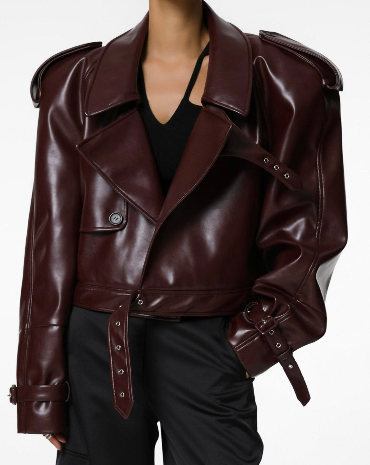 【即納】【PAPERMOON ペーパームーン】AW / Belted Buckle Detail Chunky Cropped Leather Trench Jacket