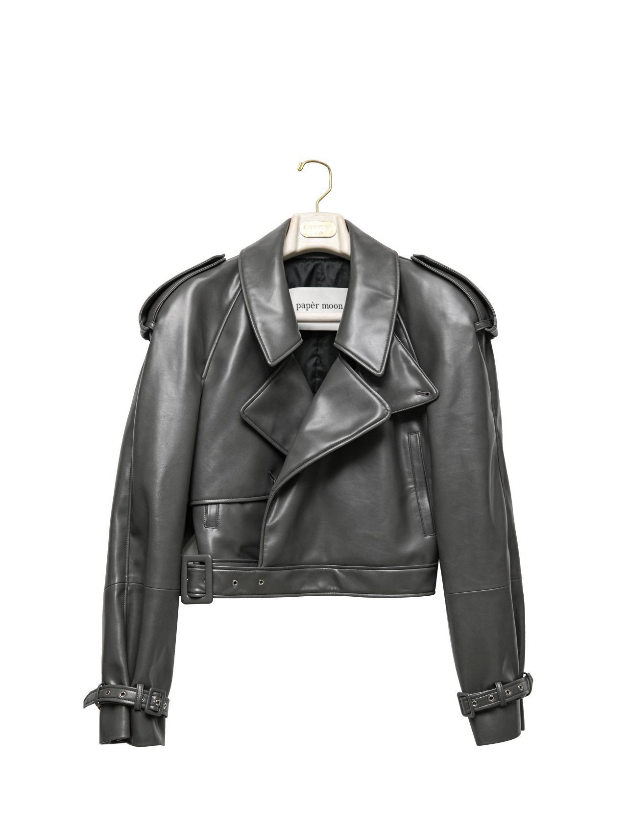 【PAPERMOON ペーパームーン】AW / Belted Buckle Detail Chunky Cropped Leather Trench Jacket