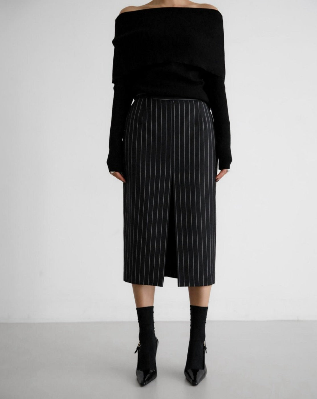 【PAPERMOON ペーパームーン】SS / Wide Pin Stripe Set Up Suit Pencil Midi Skirt