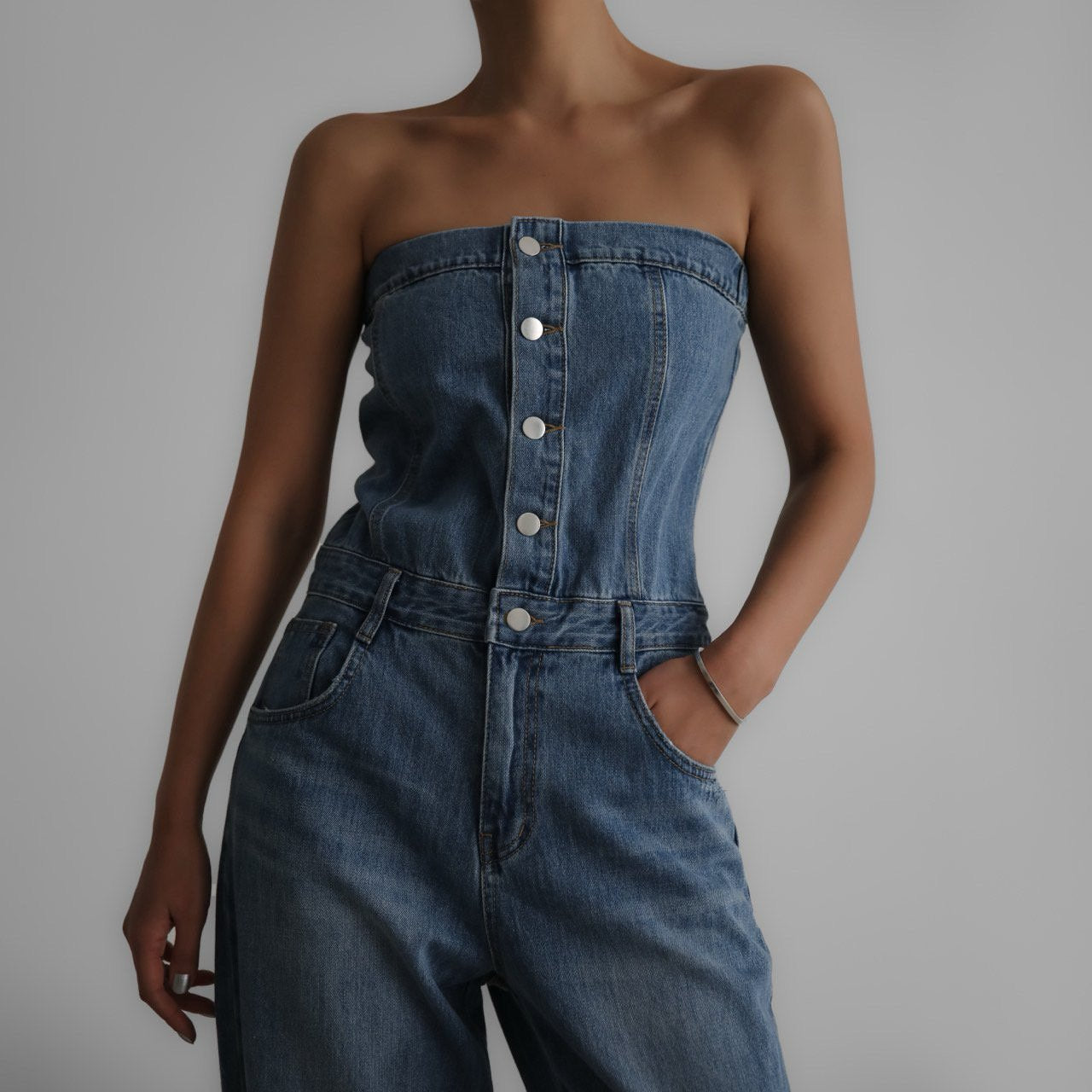 【PAPERMOON ペーパームーン】SS / Strapless Blue Denim Jumpsuit