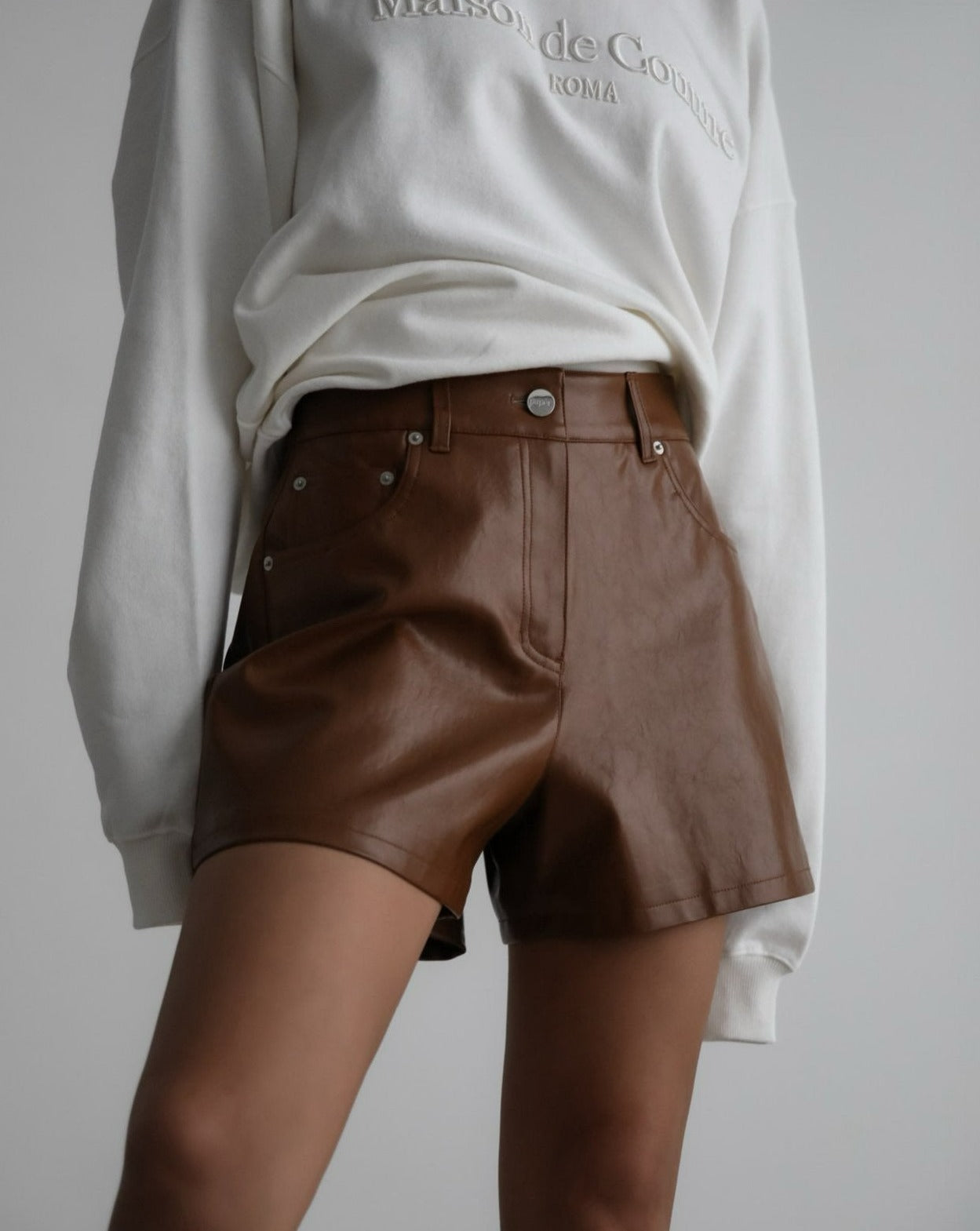 【PAPERMOON 페이퍼 문】SS / Denim Detail Vegan Leather Short Pants